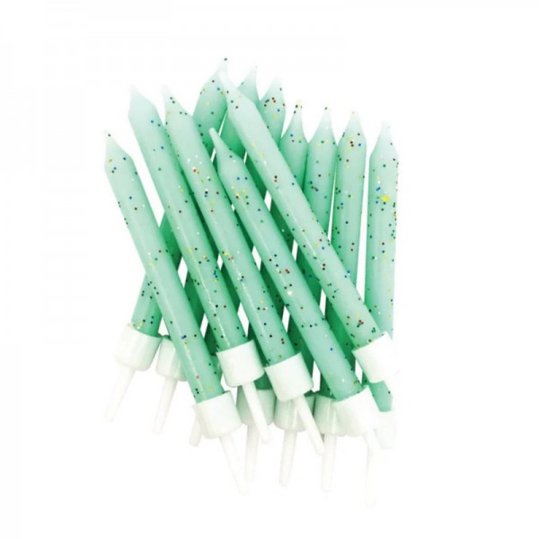 Bougies d'anniversaire scintillantes menthe avec support, 12 pcs.